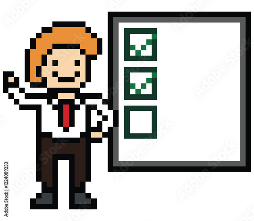 Cartoon cute pixel cartoon 8bit character business man businessman smart work check list decoration business 8 bit male career to do character office work game 8 bit png vector.