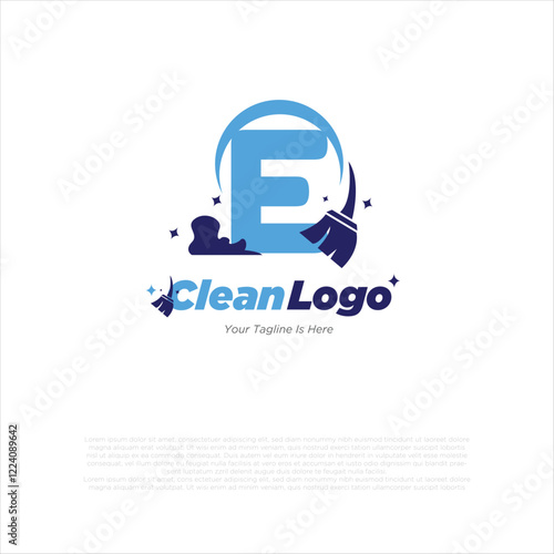 e initial letter combine with broom for cleaning service, house maintenance, repair, housecleaning, logo vector template concept