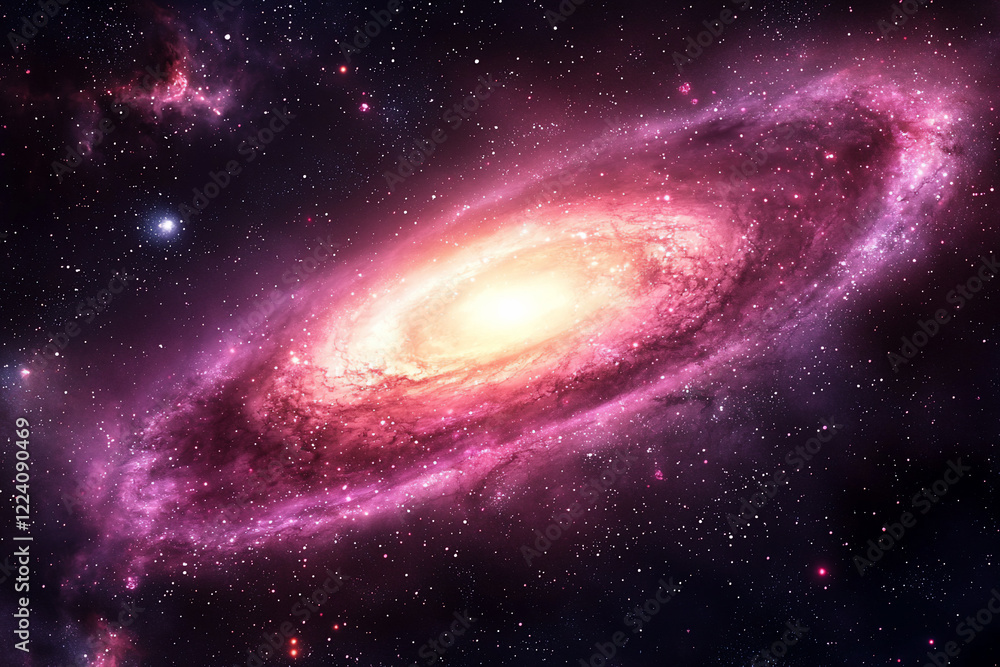 Naklejka premium A vibrant spiral galaxy glowing with pink and yellow hues, set against a backdrop of stars