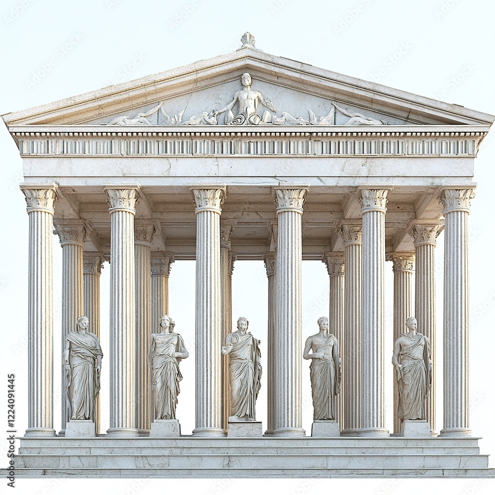 Obraz premium Grecian temple, statues, columns, clear sky, architectural design, isolated