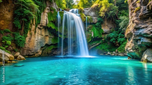 A waterfall cascading down a turquoise rock face into a clear blue pool, water flow, pool