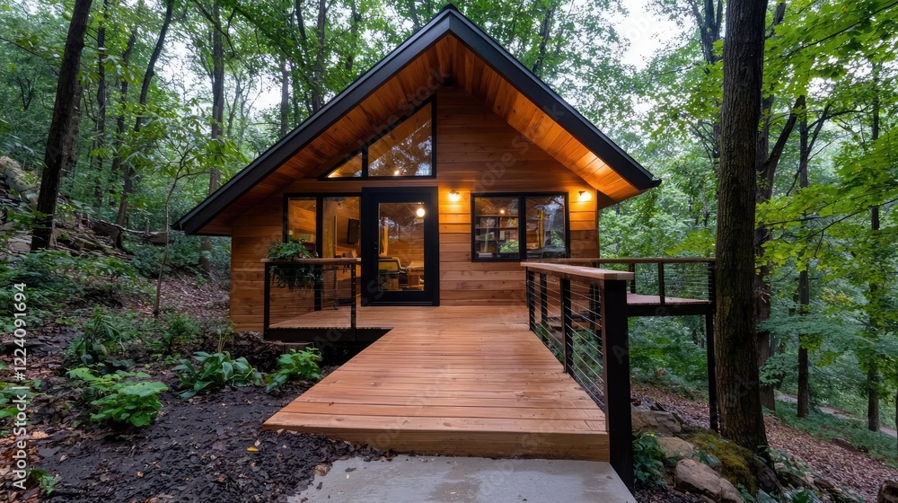 Modern wood cabin nestled in forest; evening light. Vacation rental Modern wood cabin nestled in forest; evening light. Vacation rental