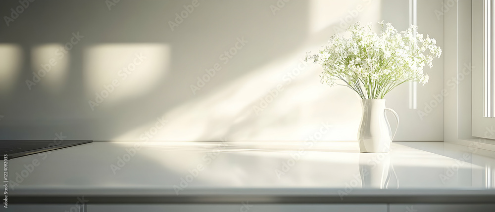 Obraz premium Sunny kitchen, white flowers, countertop, ad mockup