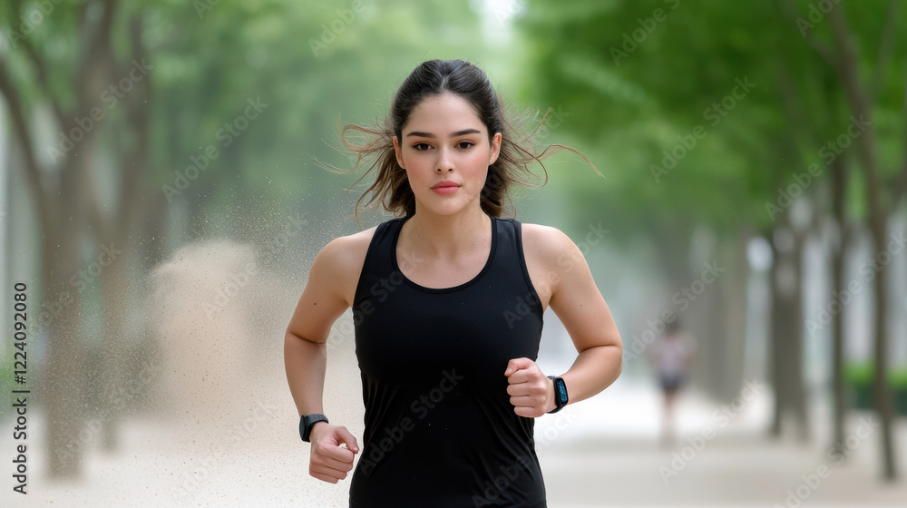 woman jogging in park with dust in air, showcasing determination and vitality woman jogging in park with dust in air, showcasing determination and vitality