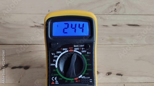 The digital multimeter screen is displaying the voltage measurement numbers of the electrical equipment on a wooden background.