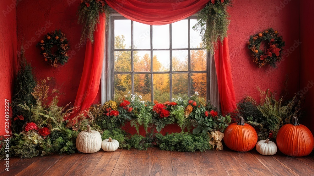 Autumnal Window Scene: A Festive Fall Interior with Pumpkins, Wreaths, and Lush Greenery Autumnal Window Scene: A Festive Fall Interior with Pumpkins, Wreaths, and Lush Greenery