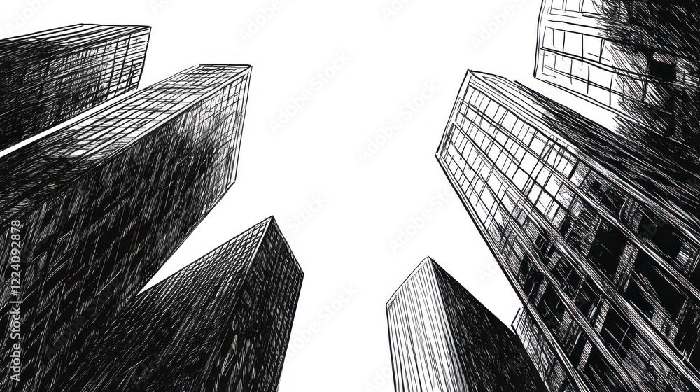Grayscale Illustration of Architectural Details of a Corporate Tower Emphasizing Negative Space with a Pen and Ink Style Capture of Urban Landscape Grayscale Illustration of Architectural Details of a Corporate Tower Emphasizing Negative Space with a Pen and Ink Style Capture of Urban Landscape