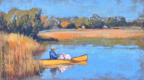 Gentle Midday Glow Over Farmland: A Pastel Drawing of a Volunteer in a Canoe Transforming Plastic Bags into a Beautiful Natural Scene
