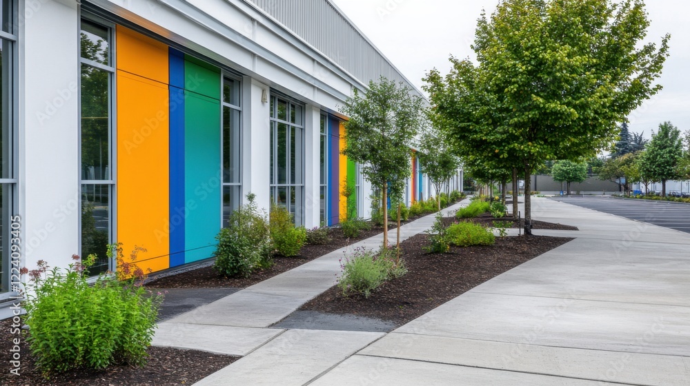 Naklejka premium Newly Built Mid-Rise Office Space Featuring Colorful Accent Panels with Green Landscaping Under Mild Morning Light