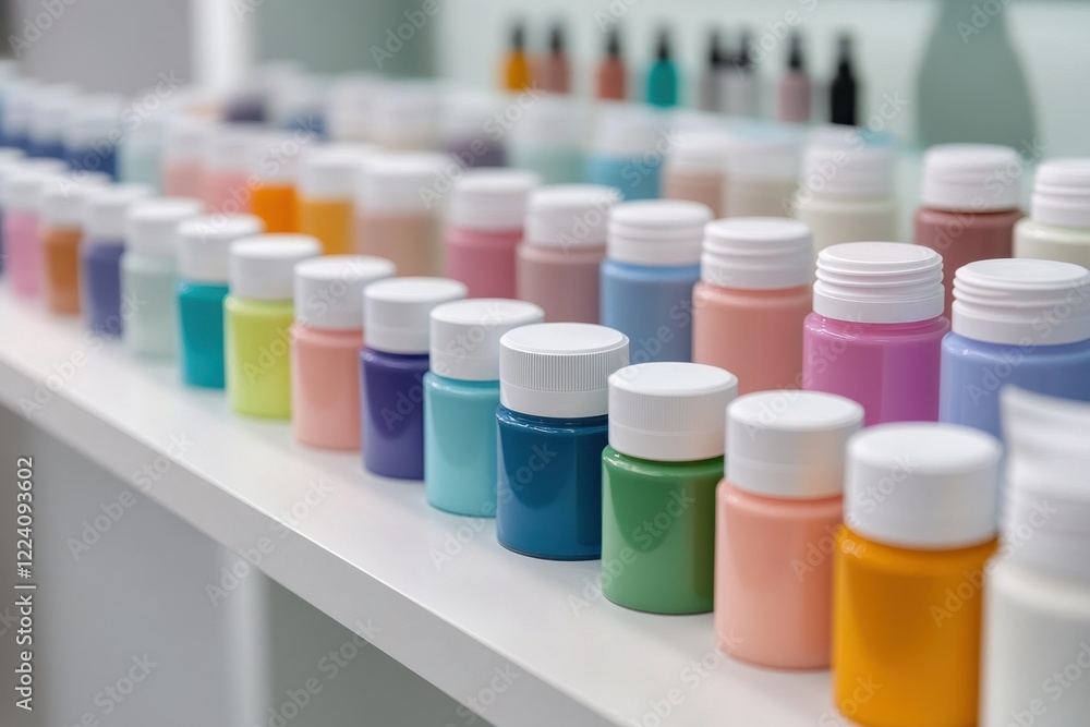 A colorful array of paint bottles neatly arranged on a shelf, showcasing various shades in a vibrant display. A colorful array of paint bottles neatly arranged on a shelf, showcasing various shades in a vibrant display.
