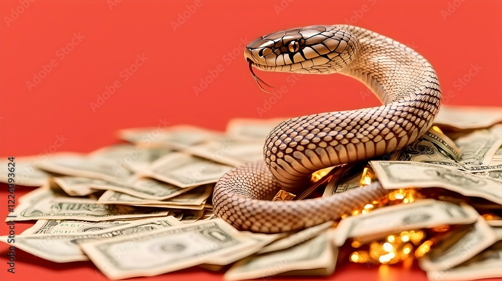 Fototapeta premium Snake Coiled on Stack of Money Against Red Background