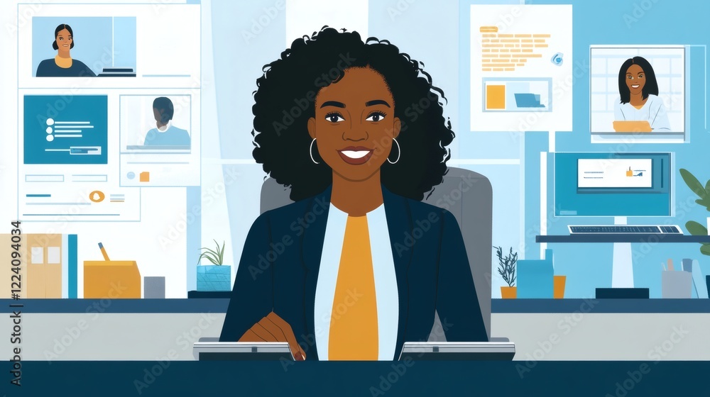 Confident Black Businesswoman Leading a Virtual Meeting in Modern Office Confident Black Businesswoman Leading a Virtual Meeting in Modern Office
