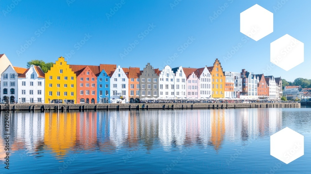 Obraz premium Colorful houses reflect in calm water, sunny day, waterfront city