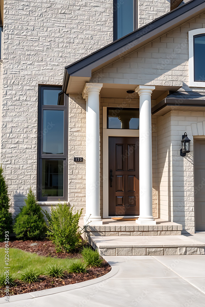custom made wallpaper toronto digitalModern House Exterior with Beige Brick and White Columns. Beautiful Home Entrance with Landscaping and Pathway