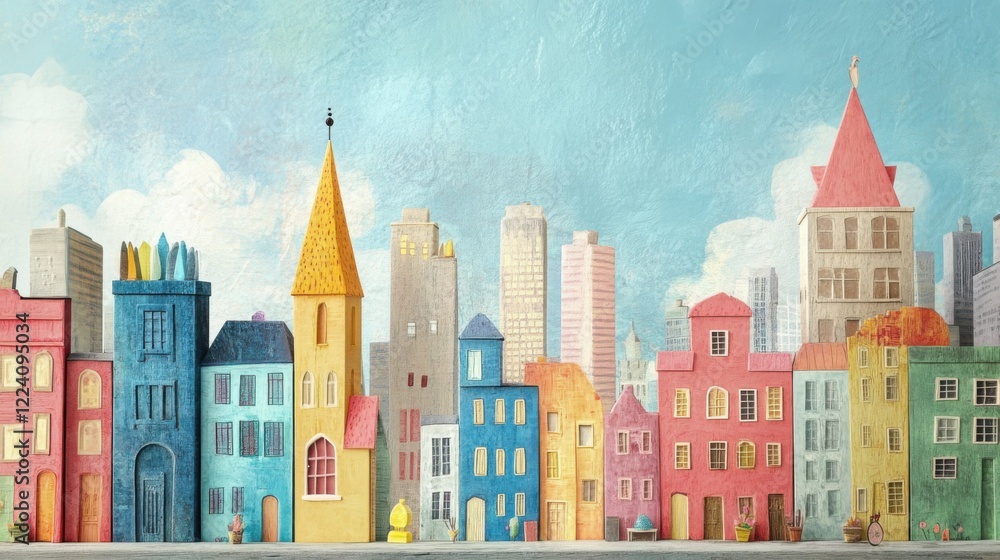 Whimsical Children's Book Illustration Depicting a Friendly Avenue Lined with Colorful Buildings in Pastel Hues Against a Bright Sky Background Whimsical Children's Book Illustration Depicting a Friendly Avenue Lined with Colorful Buildings in Pastel Hues Against a Bright Sky Background
