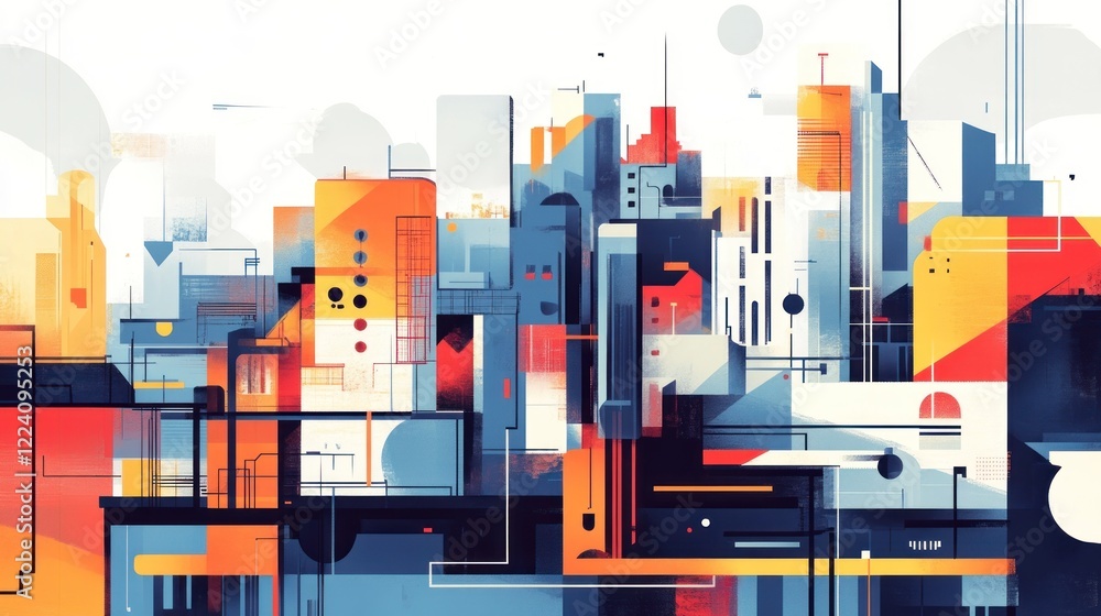 Obraz premium Abstract cityscape with geometric shapes and vibrant colors.