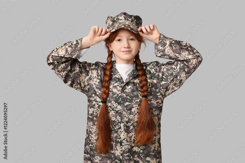 Teenage soldier on grey background Teenage soldier on grey background