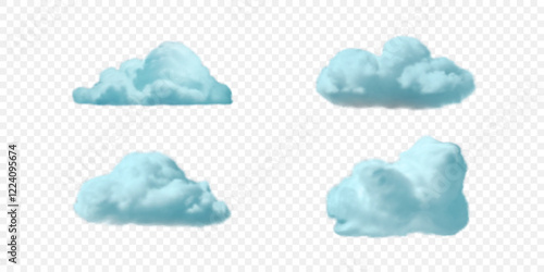 Set of vector realistic blue steam clouds. Fluffy cloud sky design element isolated on transparent backdrop