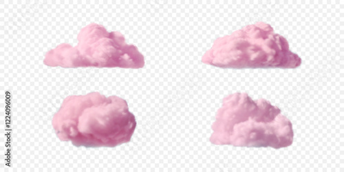 Set of realistic fluffy pink steam clouds. Vector design element of rose sky isolated on transparent backdrop