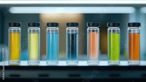 Test tubes filled with colorful liquids arranged in a row, showcasing various vibrant hues in a laboratory setting.