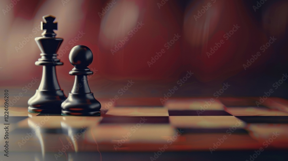 Black chess king and pawn on board, blurred background Black chess king and pawn on board, blurred background