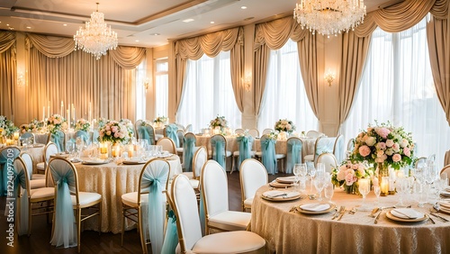 Elegant wedding reception tablescape featuring gold chairs with teal sashes,  ornate floral centerpieces, and shimmering chandeliers in a luxurious ballroom.