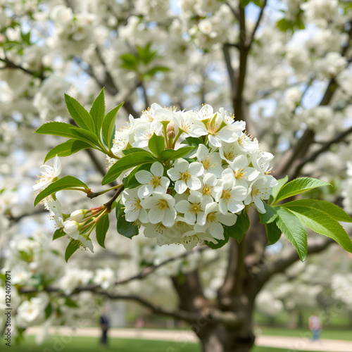 Bird cherry, hackberry, hagberry or Mayday tree (Prunus padus) in full bloom growing in a park in spring photo