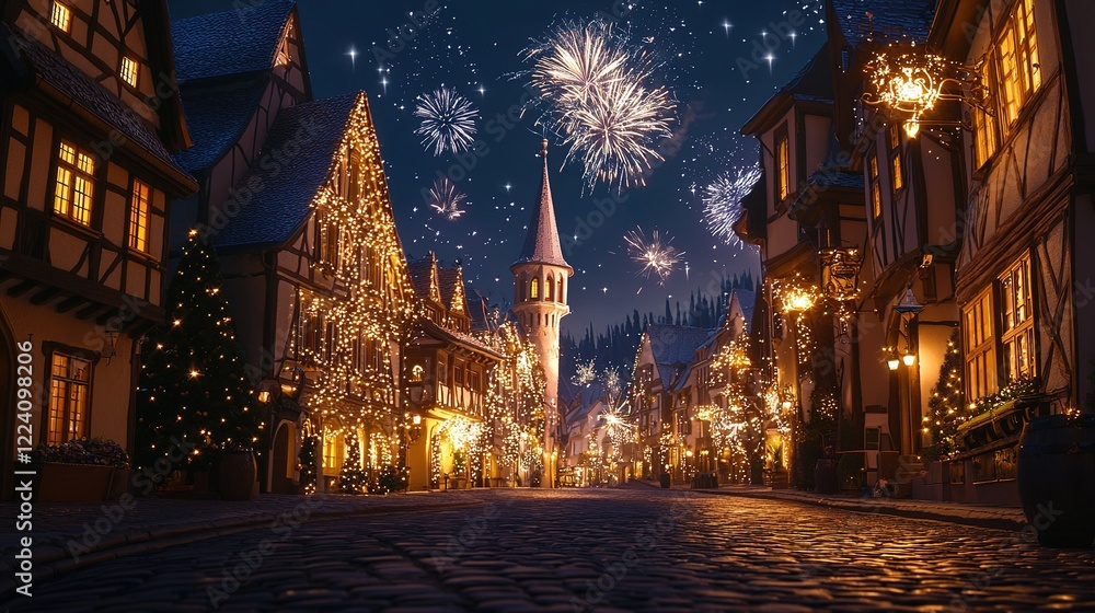 Naklejka premium Cobblestone Street, Festive Lights, New Year's Eve