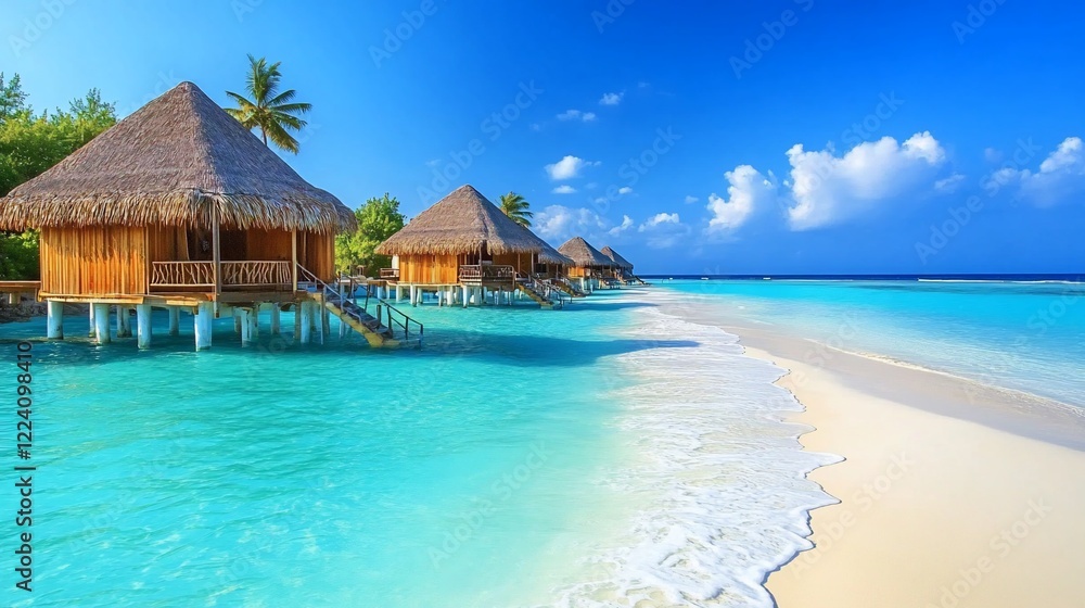 Exotic water bungalows on a tropical island paradise under blue sky Exotic water bungalows on a tropical island paradise under blue sky