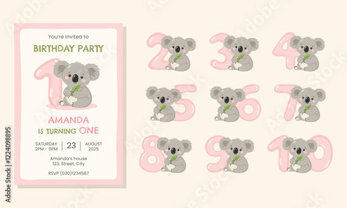 Birthday party invitation card template with cute koala
