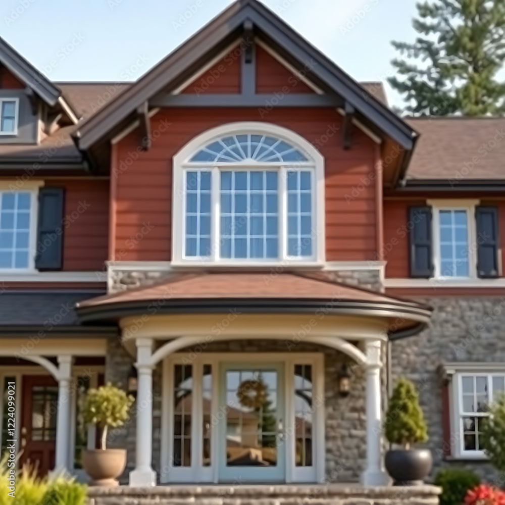 Luxury House Exterior: Modern Home Design with Stone and Brick Facade, Spacious Porch, and Landscaped Garden Luxury House Exterior: Modern Home Design with Stone and Brick Facade, Spacious Porch, and Landscaped Garden
