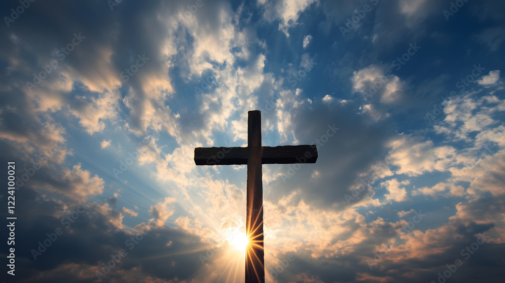 Dramatic Wooden Cross Silhouette Against Moody Blue Cloudy Sky at Sunset : Generative AI Dramatic Wooden Cross Silhouette Against Moody Blue Cloudy Sky at Sunset : Generative AI
