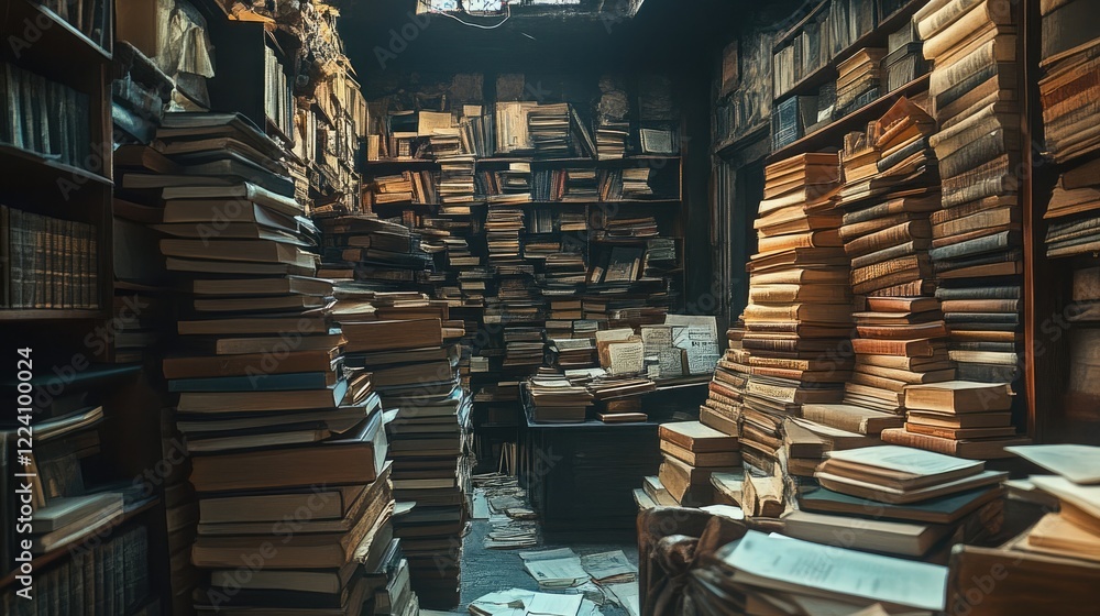 Obraz premium Nostalgic Archive: Rows of Books and Papers Preserving the Past