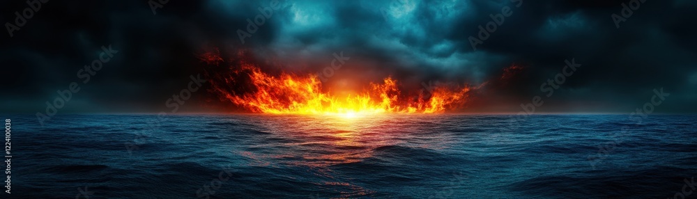 Inferno over the Waters: An epic fiery spectacle unfolds as flames erupt dramatically over a vast body of water, set against a backdrop of brooding, stormy skies. Inferno over the Waters: An epic fiery spectacle unfolds as flames erupt dramatically over a vast body of water, set against a backdrop of brooding, stormy skies.