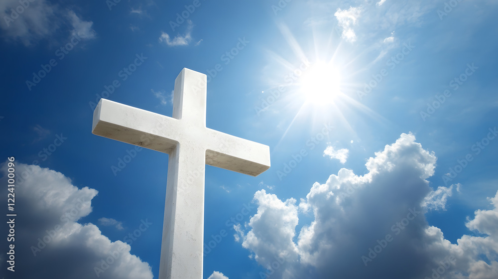 Serene Blue Sky with Bright Sun and Christian Cross Faith and Spirituality Concept : Generative AI Serene Blue Sky with Bright Sun and Christian Cross Faith and Spirituality Concept : Generative AI