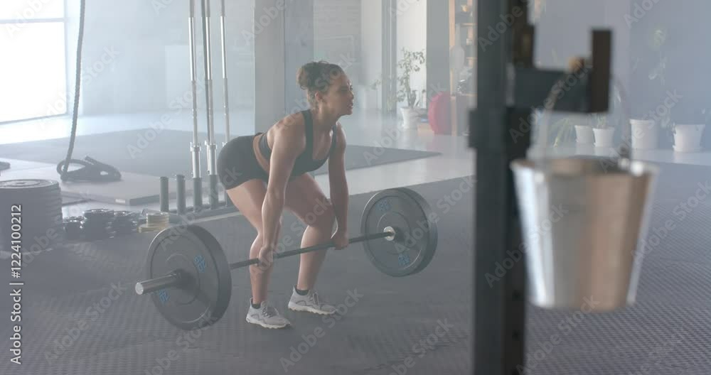 Lifting barbell, woman in gym focusing on strength training and fitness