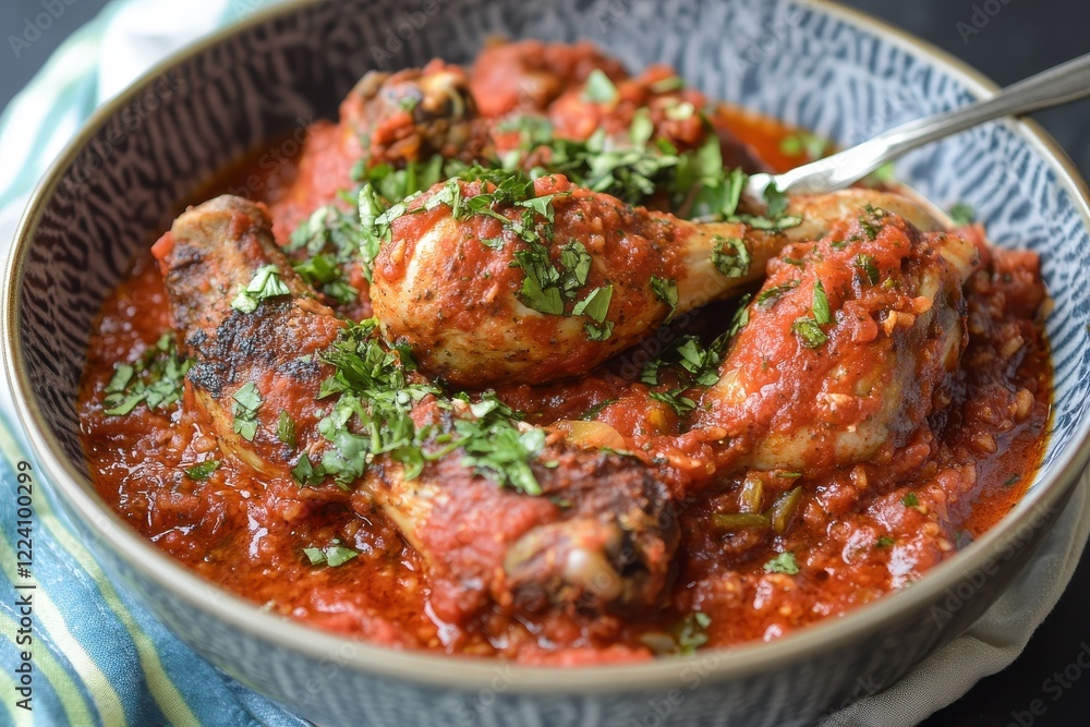 A hearty bowl of Nigerian jollof rice featuring a rich blend of tomatoes and spices served with tender chicken for a filling meal A hearty bowl of Nigerian jollof rice featuring a rich blend of tomatoes and spices served with tender chicken for a filling meal