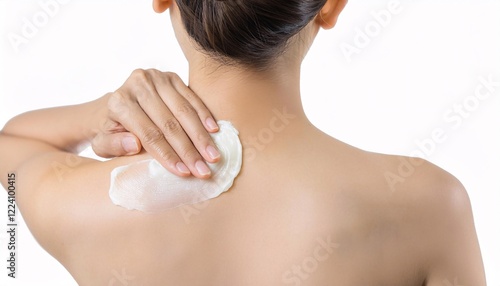 close-up of a hand applying soothing lotion to a woman's upper back, emphasizing hydration and relaxation for healthy skin care
 photo