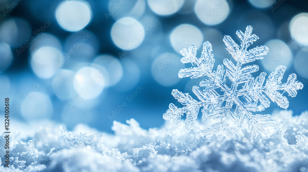 Detailed snowflake crystal on blue bokeh background. Winter season and natural phenomena photography Detailed snowflake crystal on blue bokeh background. Winter season and natural phenomena photography