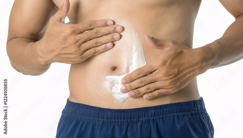 close-up of a man applying hydrating lotion to the abdomen for skin care and nourishment, highlighting wellness and self-care routine
close-up of a man applying hydrating lotion to the abdomen for skin care and nourishment, highlighting wellness and self-care routine