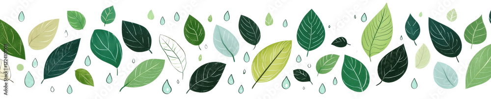 A line of green leaves with some water droplets on them A line of green leaves with some water droplets on them