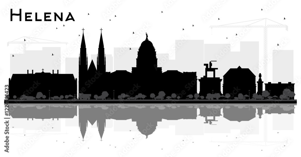 Obraz premium Helena Montana City Skyline Silhouette with Black Buildings and reflections Isolated on White. Tourism Concept with Historic Architecture. Helena USA Cityscape with Landmarks.
