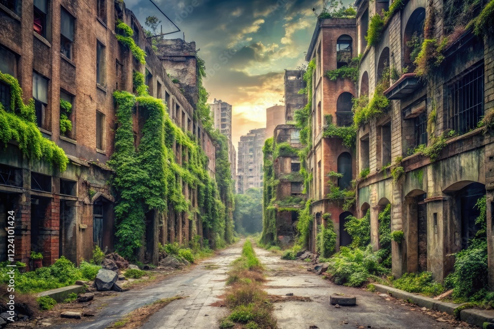 Abandoned cityscape with crumbling buildings and overgrown streets, decayed, concrete Abandoned cityscape with crumbling buildings and overgrown streets, decayed, concrete