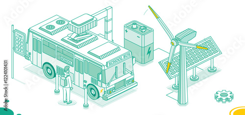 Isometric Electric School Bus on Charging Station. Solar panels with wind turbines. Ecological Public Transport. Outline Concept. Battery. Green energy.
