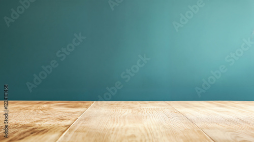 Empty wooden table with teal wall background. Product display and interior design backdrop