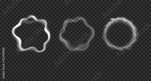 Vector smoke, vapor rings from hookah, cigarettes, vape. Set of round steam clouds isolated on transparent background