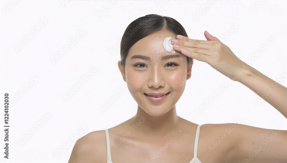 a woman applying facial moisturizer to her forehead with a gentle circular motion for healthy and glowing skin care
