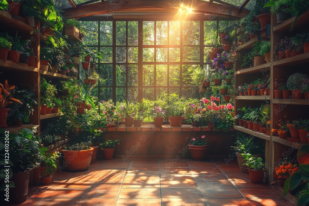 Obraz premium Lush Greenery in a Sun-Drenched Greenhouse Offering Serenity and Growth for Various Types of Flourishing Plants
