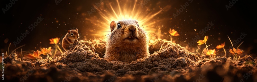 Groundhog Day's Anticipation: A Quirky and Colorful Scene of Hope and Renewal with Lush Landscape and Playful Wildlife Groundhog Day's Anticipation: A Quirky and Colorful Scene of Hope and Renewal with Lush Landscape and Playful Wildlife