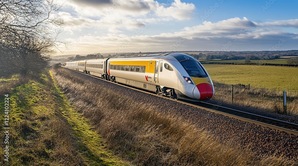 Fototapeta premium Wide-Angle View of a Sunny Day: Ultra-Fast Modern Train Speeds Through Picturesque Countryside, Symbolizing Progress and Efficiency with Its Sleek Design and Powerful Engine.